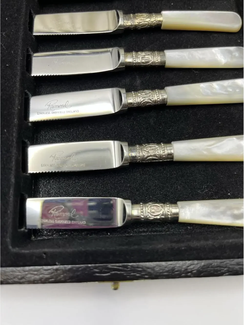 Raimond VTG Sheffield England Stainless Fruit 6 ea Knives Mother of Pearl